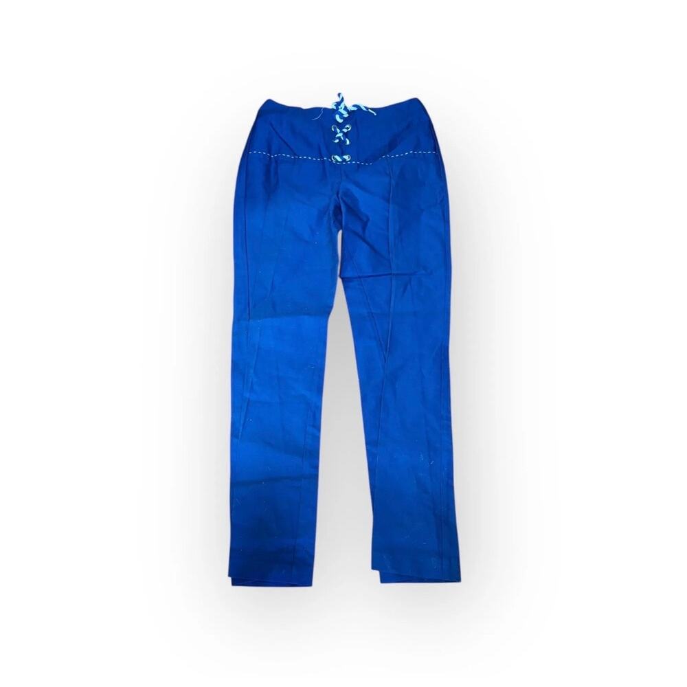 Vintage 1960s Xtrov﻿ert Mod Pants Blue Lace-Up Waist Back Zip Slim Leg Womens 13